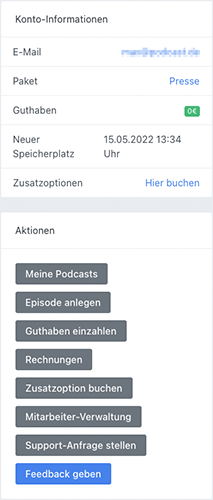 Konto-Informationen und Schnellzugriffe im Dashboard auf podcaster.de